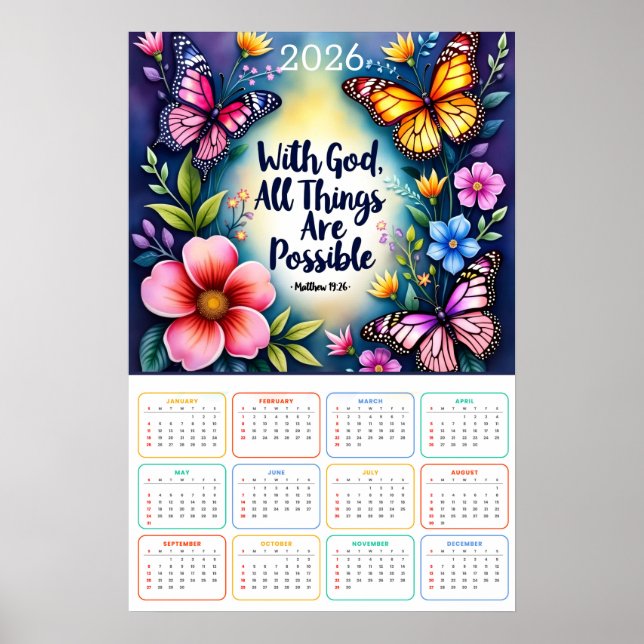 Affiche Calendrier 2026 Avec Dieu, Tout Est Possible  (Devant)