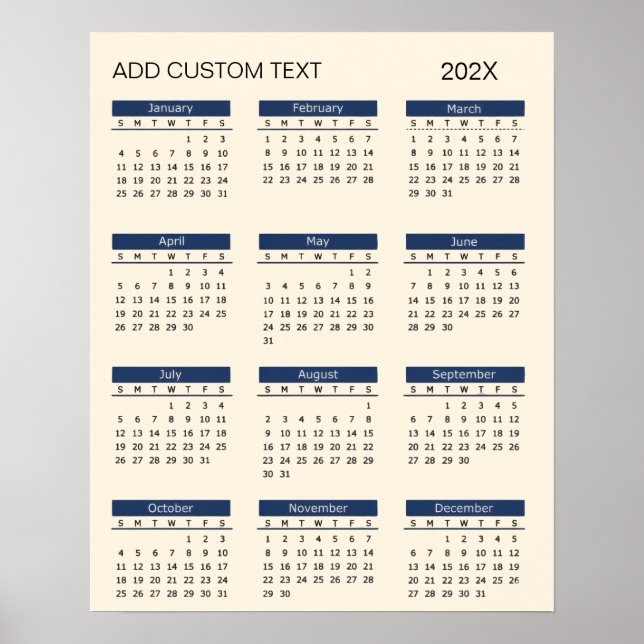 Affiche Calendrier 2026 avec texte personnalisé à la mode  (Devant)
