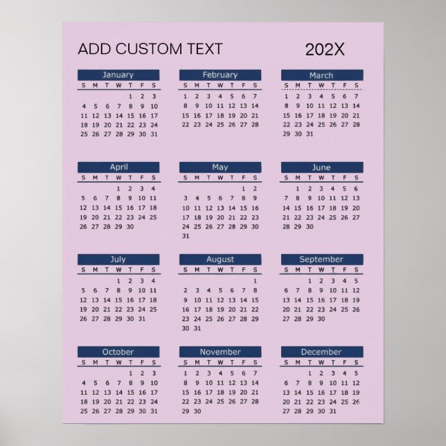 Affiche Calendrier 2026 avec texte personnalisé à la mode  (Devant)