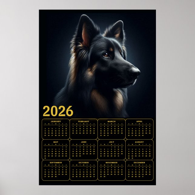 Affiche Calendrier 2026 Berger Allemand – Portrait Gras  (Devant)
