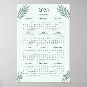Affiche Calendrier 2026 Boho Floral Esthétique Vert Menthe