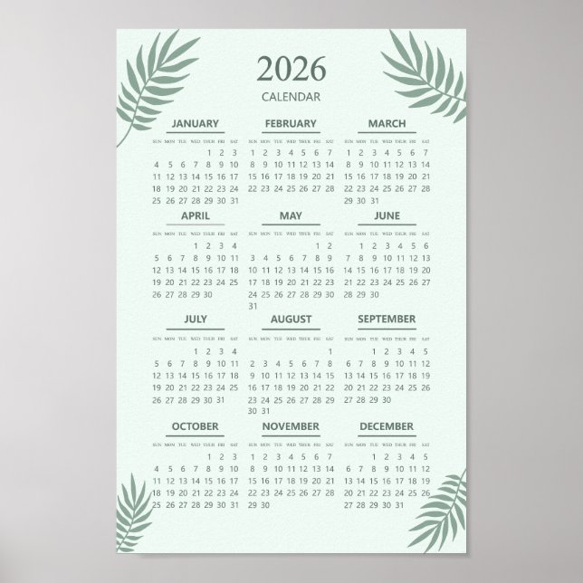 Affiche Calendrier 2026 Boho Floral Esthétique Vert Menthe (Devant)