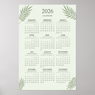 Affiche Calendrier 2026 Boho Floral Esthétique Vert Sauge