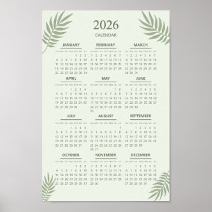 Affiche Calendrier 2026 Boho Floral Esthétique Vert Sauge