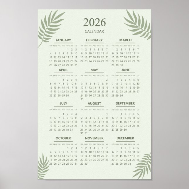 Affiche Calendrier 2026 Boho Floral Esthétique Vert Sauge (Devant)