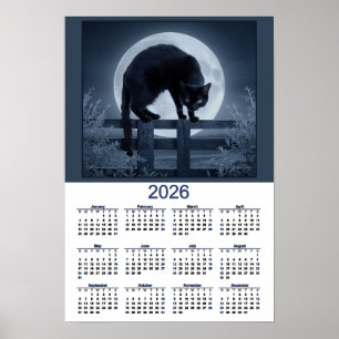 Affiche Calendrier 2026 Chat Noir sur une Clôture avec Ple