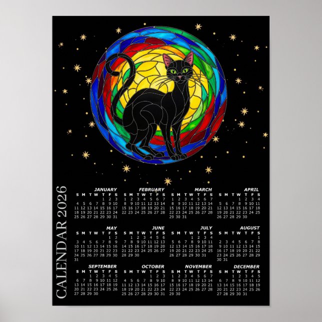 Affiche Calendrier 2026, Chat Noir Vintage, Mosaïque Color (Devant)