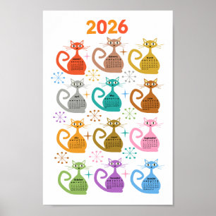 Affiche Calendrier 2026 Chats Atomiques Colorés du Milieu 