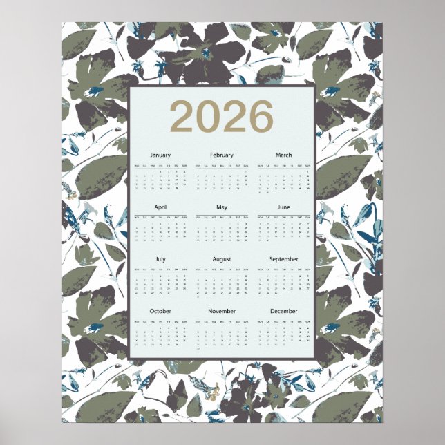 Affiche Calendrier 2026 Clematis Floral Bleu Vert (Devant)