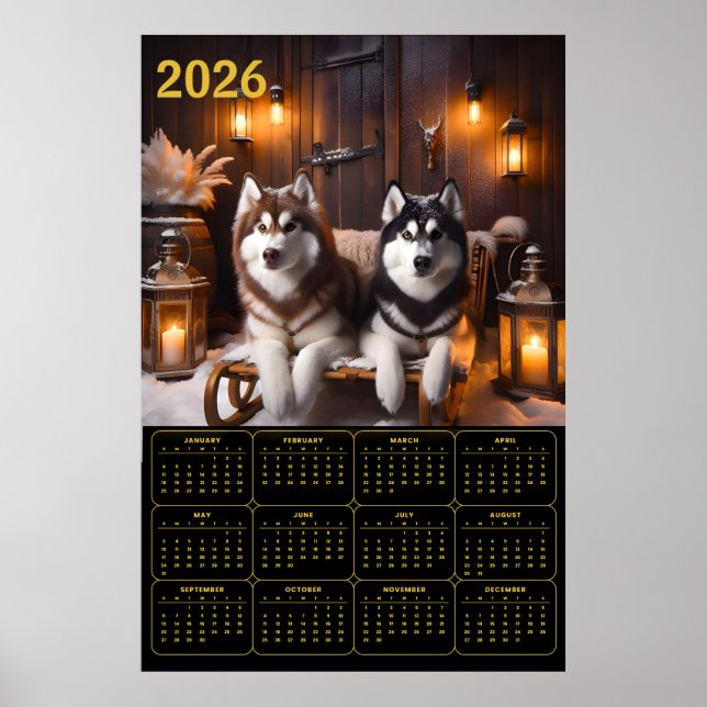 Affiche Calendrier 2026 des Huskies de Sibérie sur traînea (Devant)