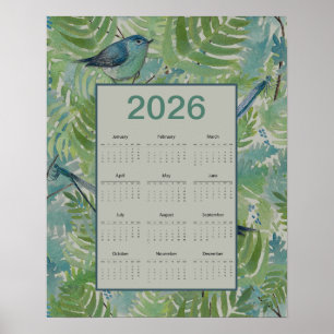 Affiche Calendrier 2026 des oiseaux de fougères