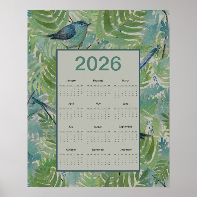 Affiche Calendrier 2026 des oiseaux de fougères (Devant)