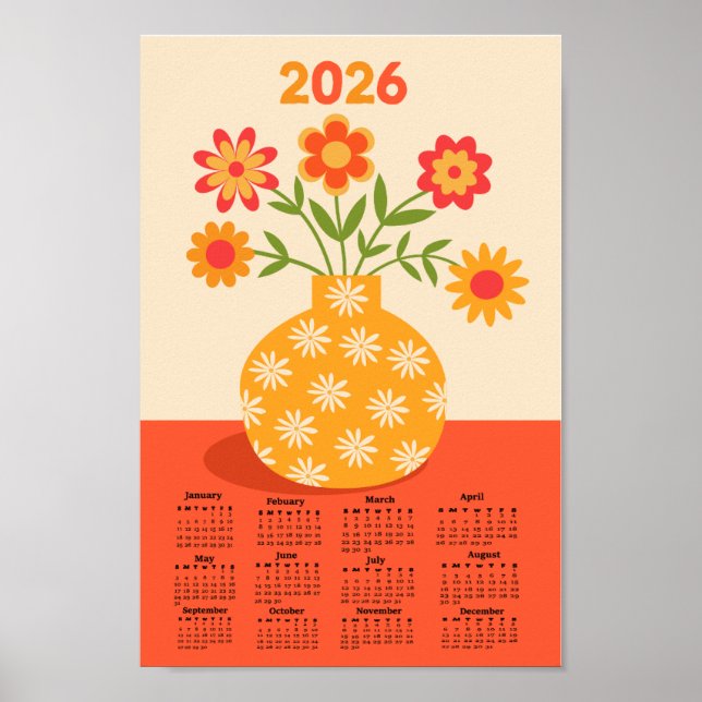 Affiche Calendrier 2026 du vase de fleurs rétro 70 (Devant)