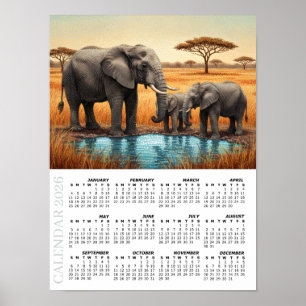 Affiche Calendrier 2026, Éléphants d'Afrique, Safari, Afri