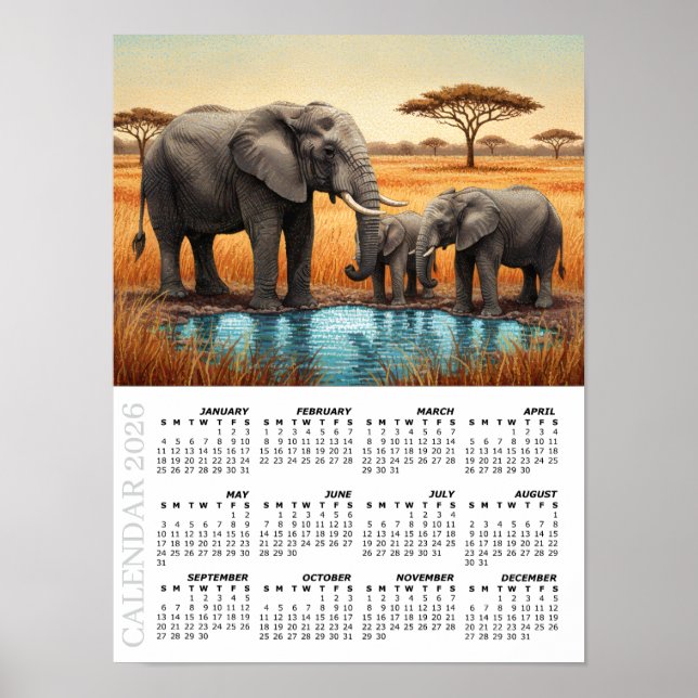 Affiche Calendrier 2026, Éléphants d'Afrique, Safari, Afri (Devant)