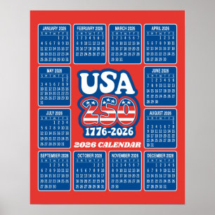 Affiche Calendrier 2026 - États-Unis 250 Rouge Blanc Bleu