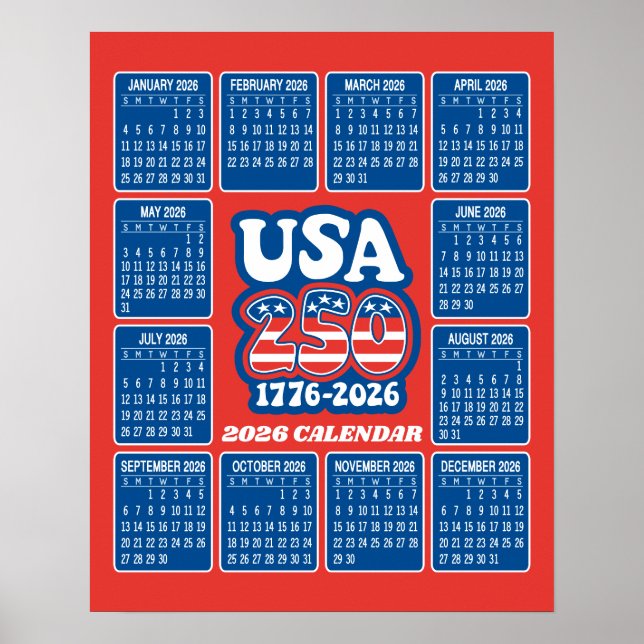 Affiche Calendrier 2026 - États-Unis 250 Rouge Blanc Bleu (Devant)