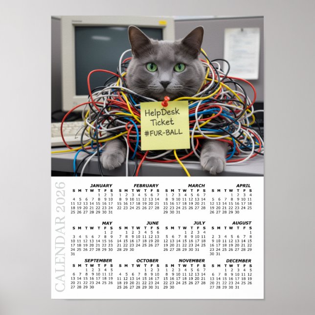 Affiche Calendrier 2026, Help Desk, IT - Chats Amusants au (Devant)