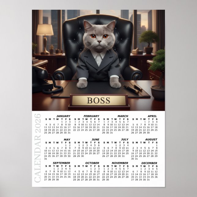 Affiche Calendrier 2026, Le Patron - Chats de bureau amusa (Devant)