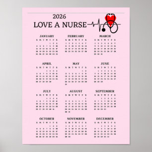 Affiche Calendrier 2026 Love a Nurse Cœur Stethoscope
