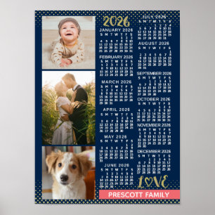 Affiche Calendrier 2026 Navy Coral Or Collage de photos de