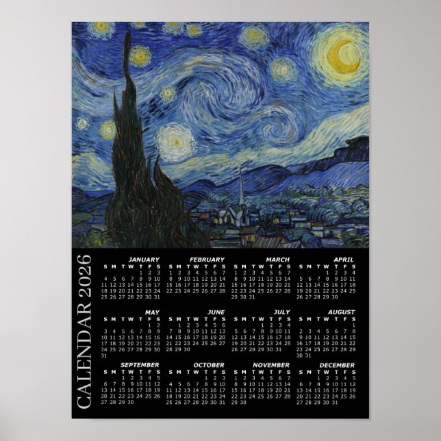 Affiche Calendrier 2026, Nuit étoilée / Van Gogh, Grand fo (Devant)