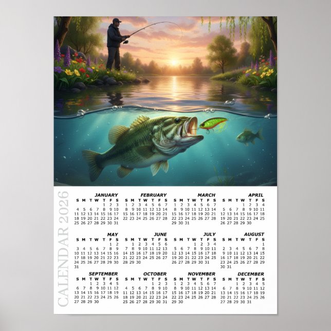 Affiche Calendrier 2026, Pêche à la Bass, Rivière de print (Devant)