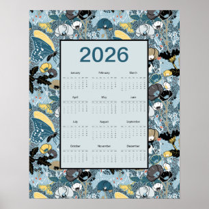 Affiche Calendrier 2026 pleine année floral papillons