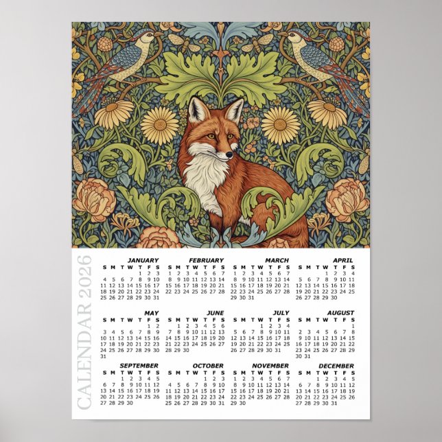 Affiche Calendrier 2026, Renard de jardin, Huppe, William  (Devant)