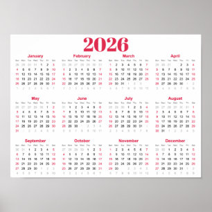 Affiche Calendrier 2026 simple rouge et blanc