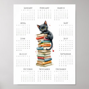 Affiche Calendrier 2026 sur une page avec chat noir et liv