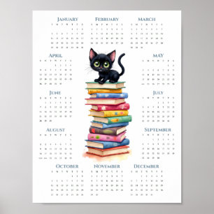 Affiche Calendrier 2026 sur une page Chat noir sur des liv