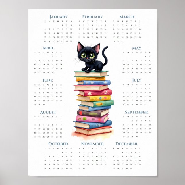 Affiche Calendrier 2026 sur une page Chat noir sur des liv (Devant)