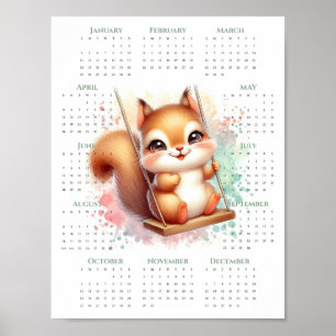Affiche Calendrier 2026 sur une page Écureuil mignon sur b