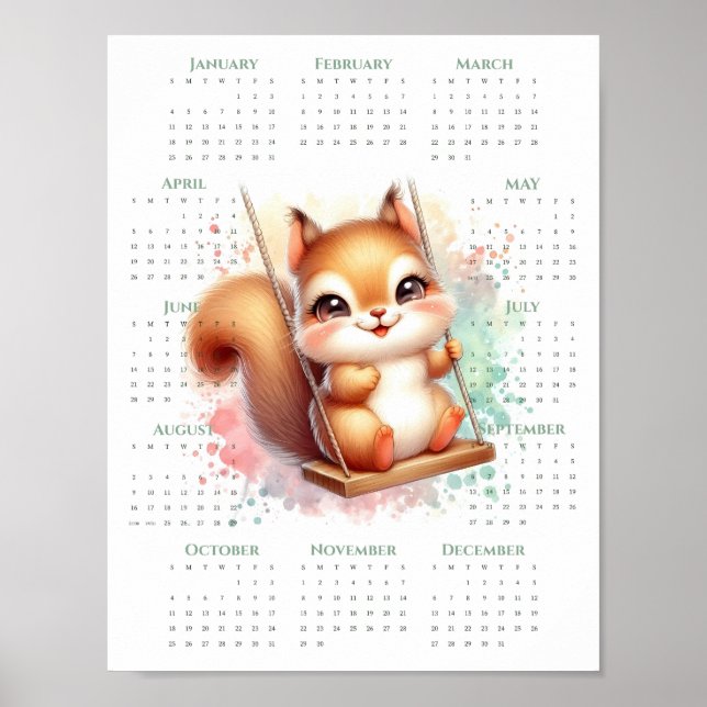 Affiche Calendrier 2026 sur une page Écureuil mignon sur b (Devant)
