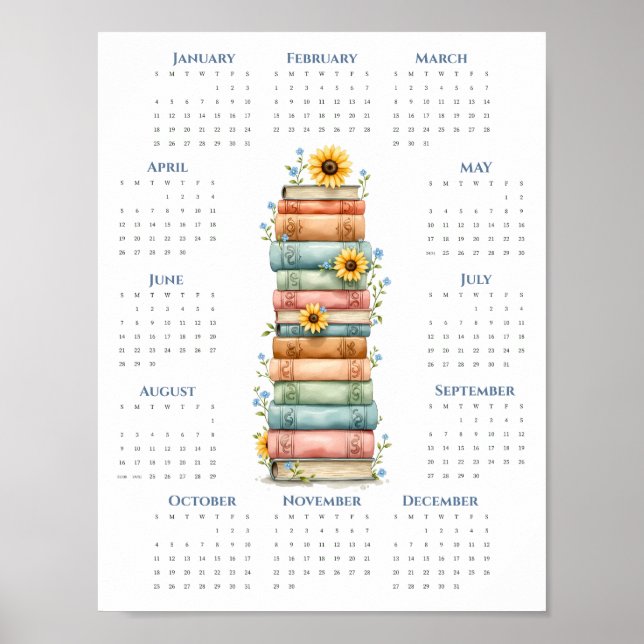 Affiche Calendrier 2026 sur une page Empilement de livres  (Devant)