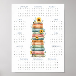 Affiche Calendrier 2026 sur une page Livres empilés Bleu c
