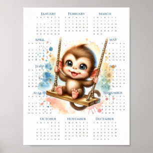 Affiche Calendrier 2026 sur une page Singe mignon sur bala