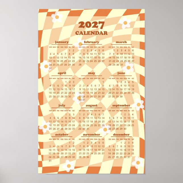 Affiche Calendrier 2027 à motif rétro groovy ondulé à carr (Devant)