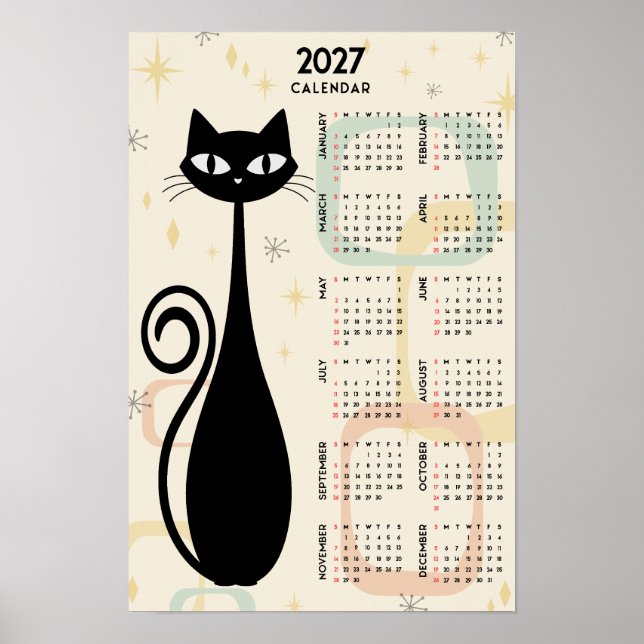 Affiche Calendrier 2027 Chat Noir Rétro Atomique Milieu de (Devant)