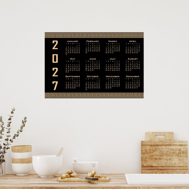 Affiche Calendrier 2027, Frette Grecque, Beige sur Noir (Cuisine)
