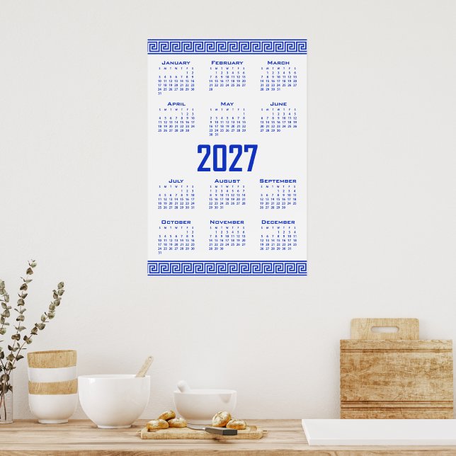 Affiche Calendrier 2027, Frette Grecque, Bleu Grec sur Fon (Cuisine)
