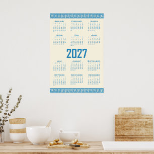 Affiche Calendrier 2027, Frette Grecque, Bleu sur Latte Co
