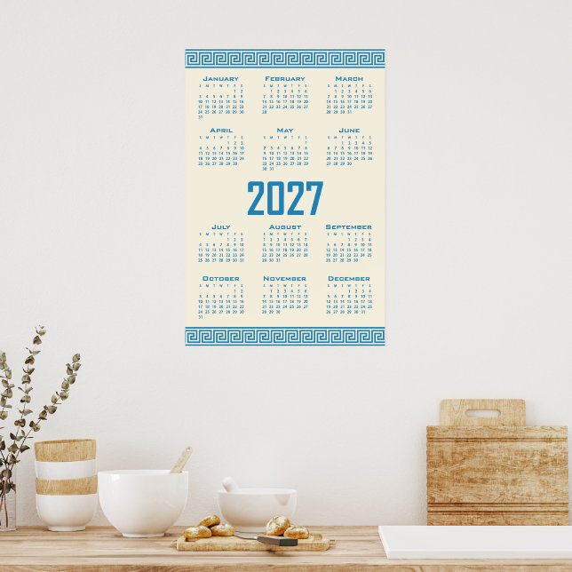 Affiche Calendrier 2027, Frette Grecque, Bleu sur Latte Co (Cuisine)