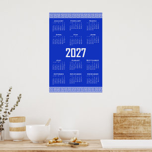 Affiche Calendrier 2027, Frise grecque, Blanc sur bleu gre