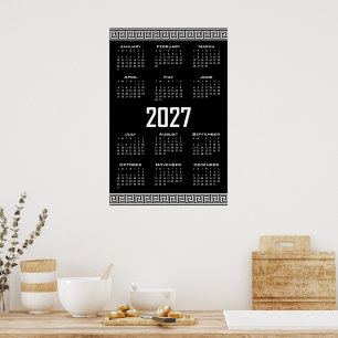 Affiche Calendrier 2027, Frise grecque, Blanc sur Noir