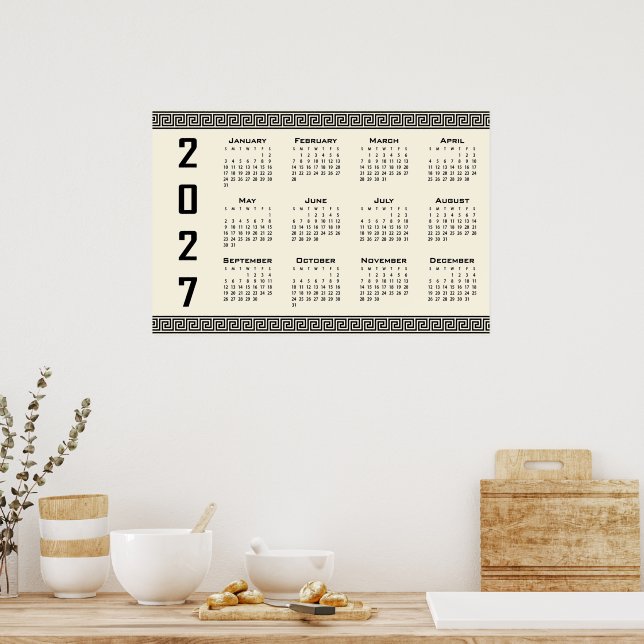 Affiche Calendrier 2027, Frise grecque, Noir sur beige (Cuisine)