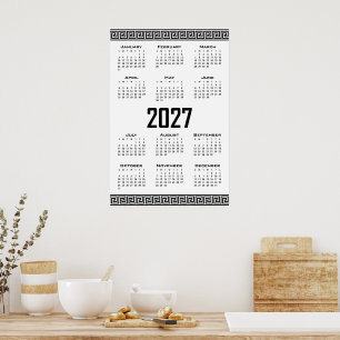 Affiche Calendrier 2027, Frise Grecque, Noir sur Blanc