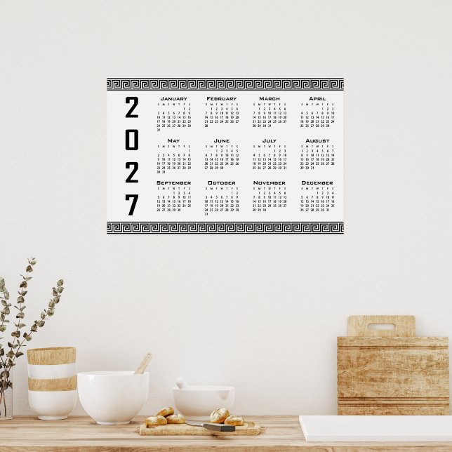 Affiche Calendrier 2027, Frise grecque, Noir sur Blanc (Cuisine)