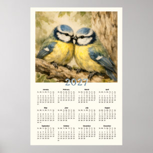 Affiche Calendrier 2027 - Illustration de jolis oiseaux bl